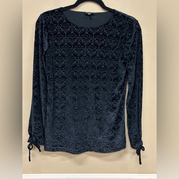 Talbots Black Velvet Damask Burnout Blouse Whimsigoth Long Sleeve Sz Petite NWT - Picture 1 of 6